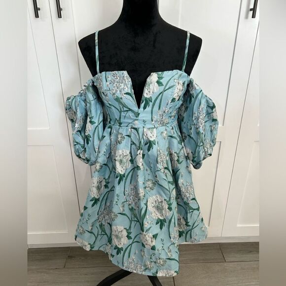 Ina - Aqua Blue Elegant Floral Puff Sleeve Dress - M - NWT - Picture 3 of 10